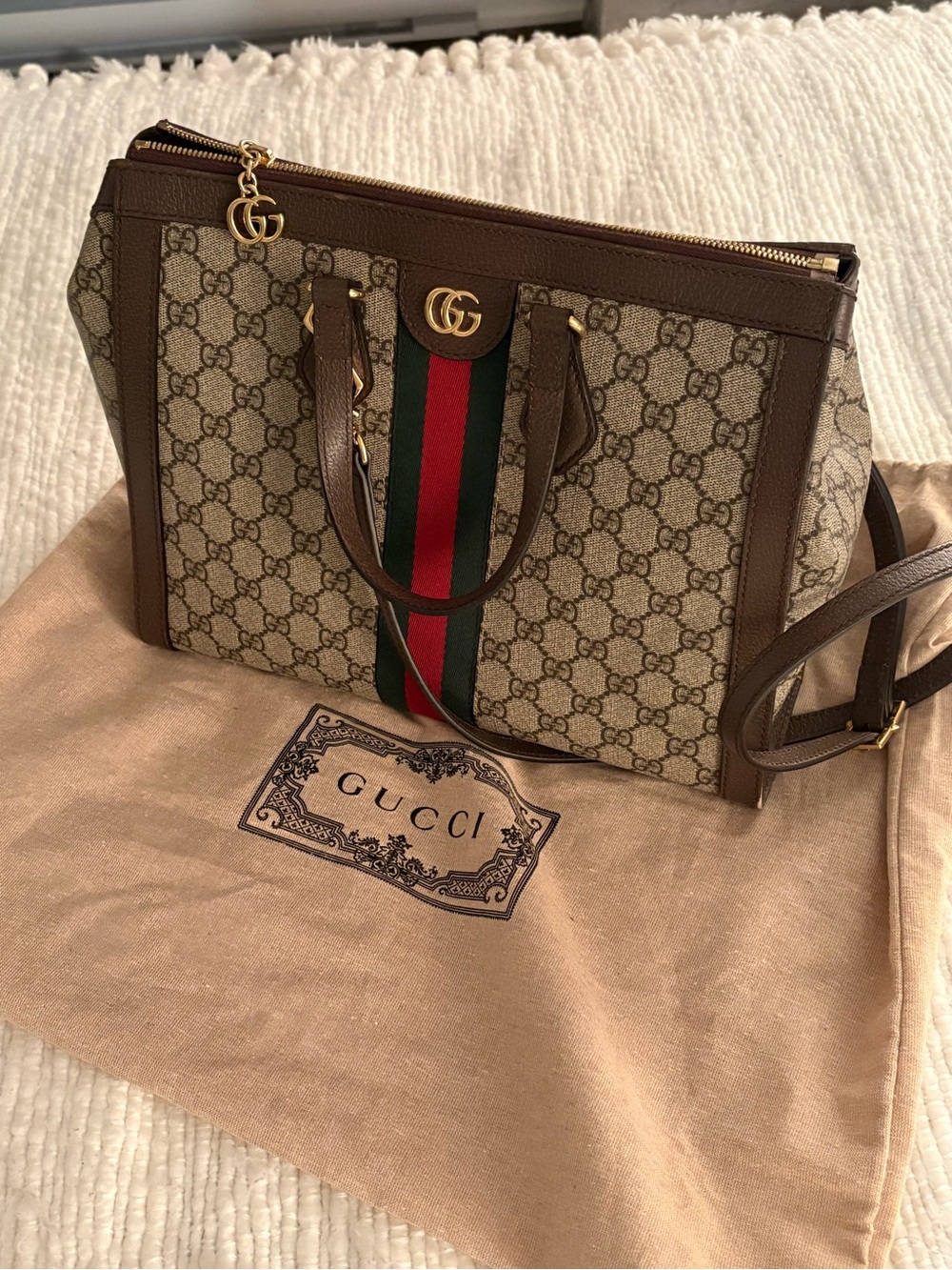 Gucci GG Supreme Canvas Tote with Green & Red Web and Brown Trim